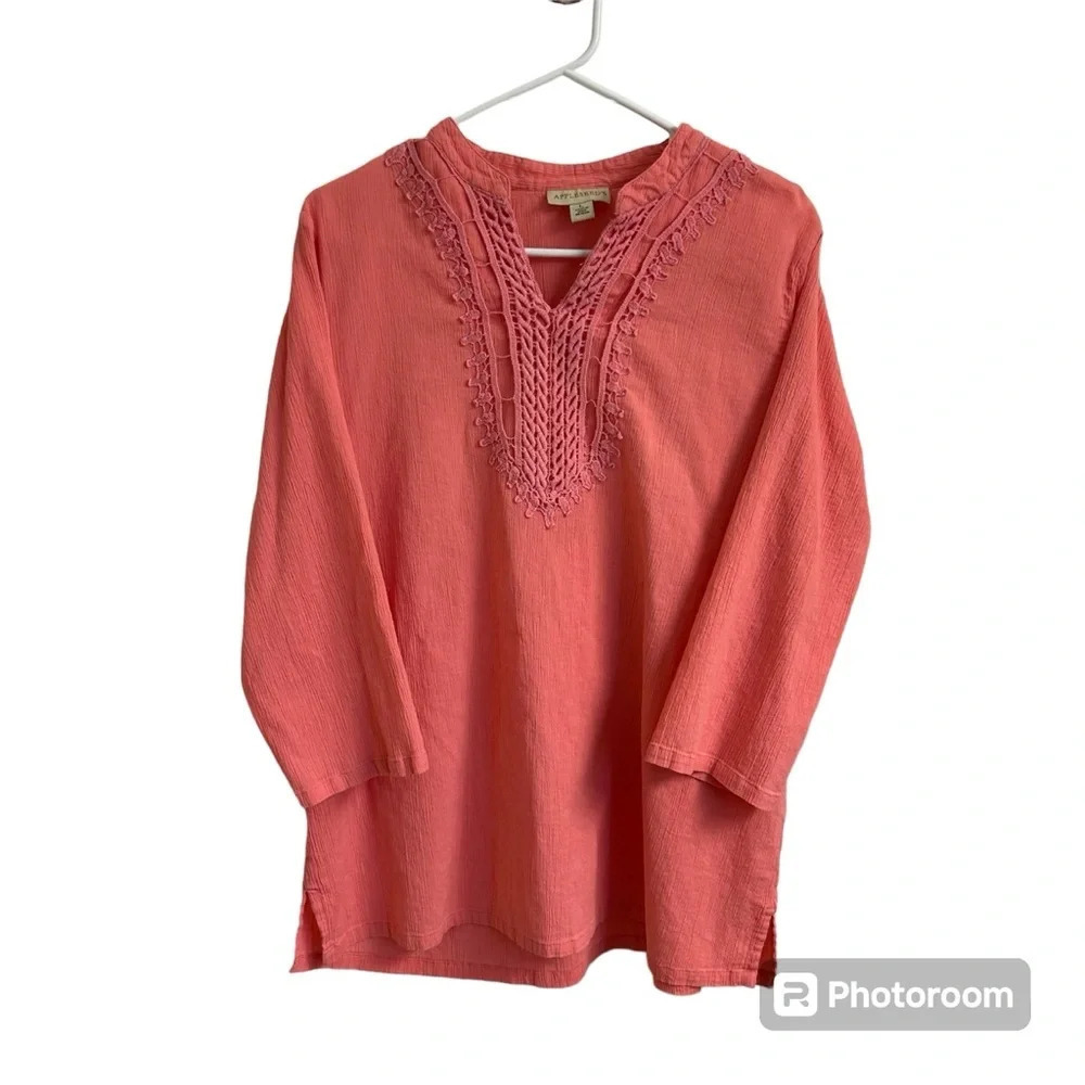 Appleseed’s Pink 3/4 Sleeve Crochet Lace V Neck Tunic Top Crinkle Women’s Lg